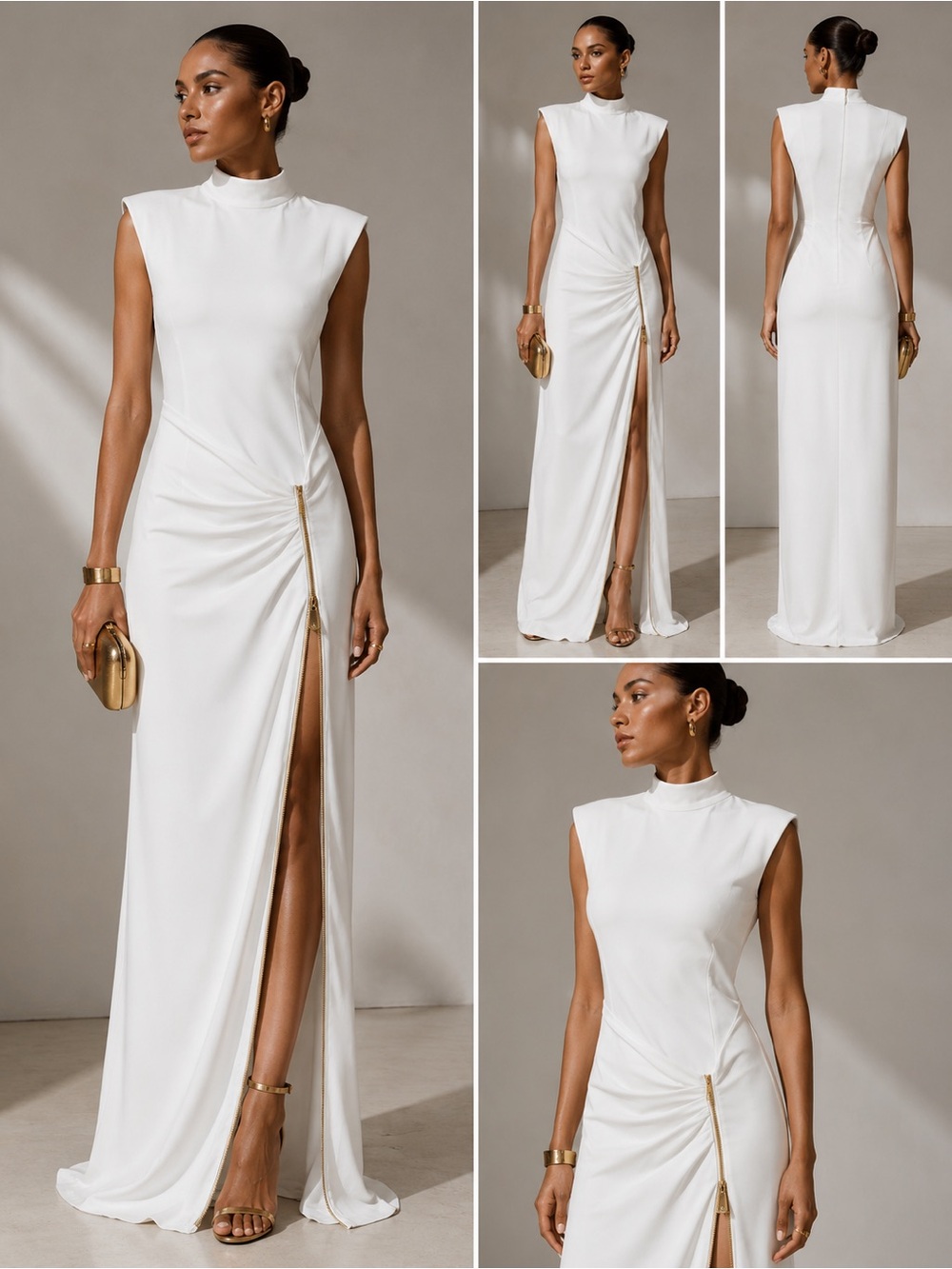 Ivory Gold-Zip Draped Maxi Dress